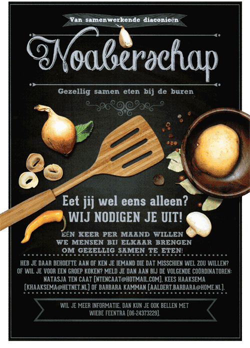 Samenwerkende diaconieën
        	Gezellig samen eten bij de buren.
        	Eert jij wel eens alleen? Wij nodigen je uit!
        	Een keer per maand willen we mensen bij elkaar brengen om gezellig samen te eten!

        	Heb je daar behoefte aan of ken je iemand die dat miscchien wel zou willen?
        	Of wil je voor een groep koken? Meld je dan aan bij de volgende coördinatoren:
        	Natasja ten Caat, Kees Haaksema of Barbara Kamman.

        	Wil je meer informatie, dan kun je ook bellen met Wiebe Feenstra.
