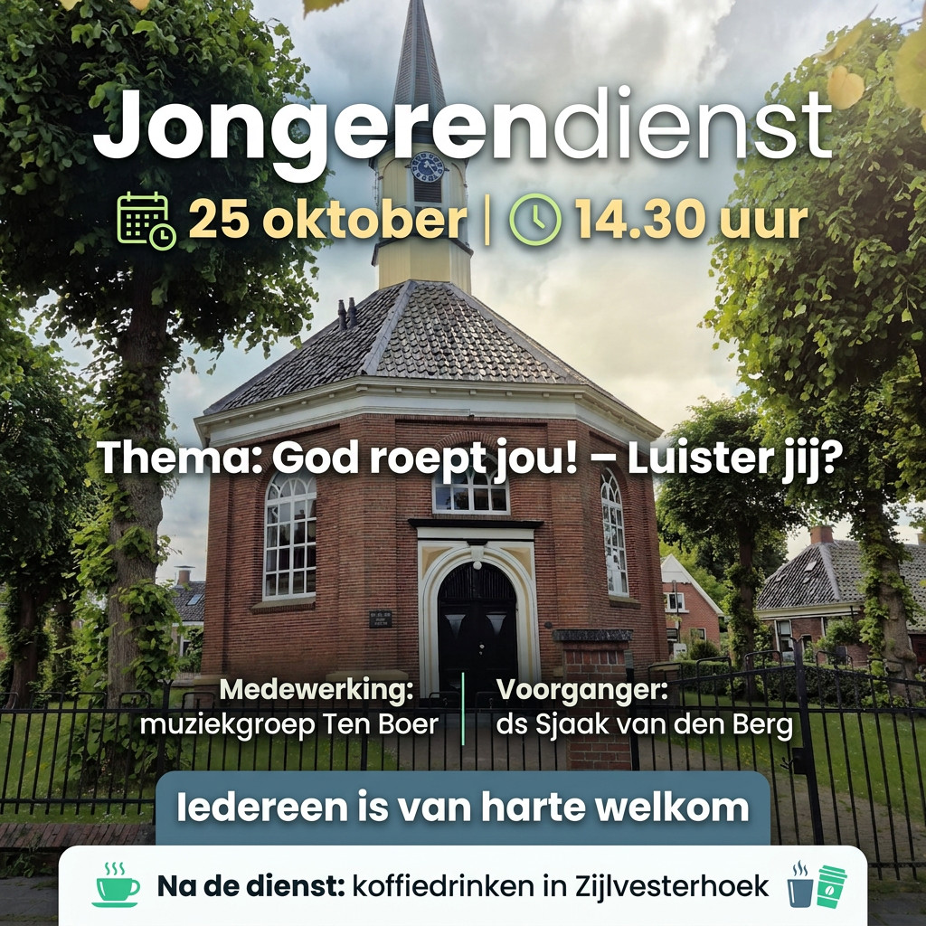jongerendienst 25 oktober 14.30 uur. Thema: God roept jou! - Luister jij? Medewerking: muziekgroep Ten Boer. Voorganger: ds Sjaak van den Berg. iedereen is van harte welkom. Na de dienst: koffiedrinken in Zijlvesterhoek